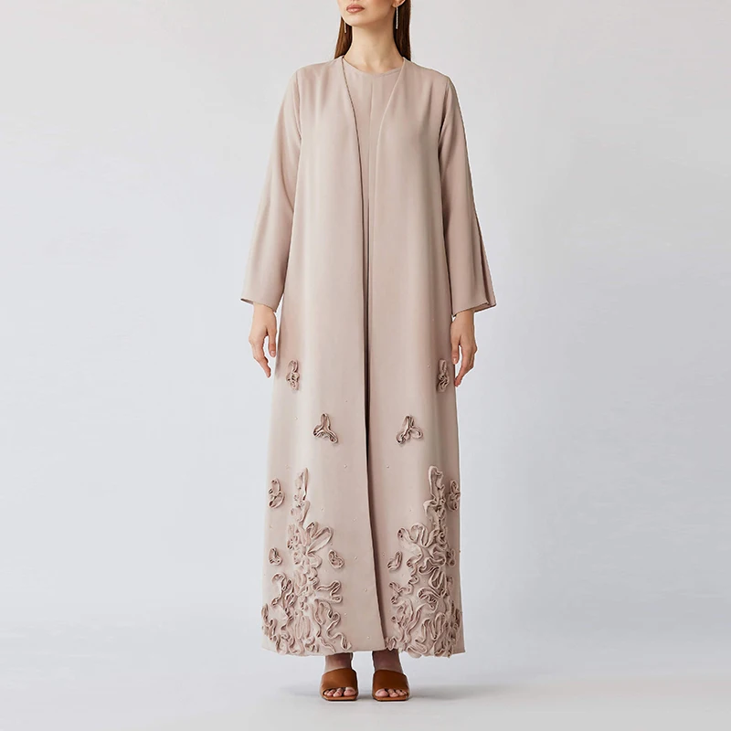 Custom 3d embroidery long muslim modest coat for women high quality turkey luxurious open abaya femmes robe musulmane