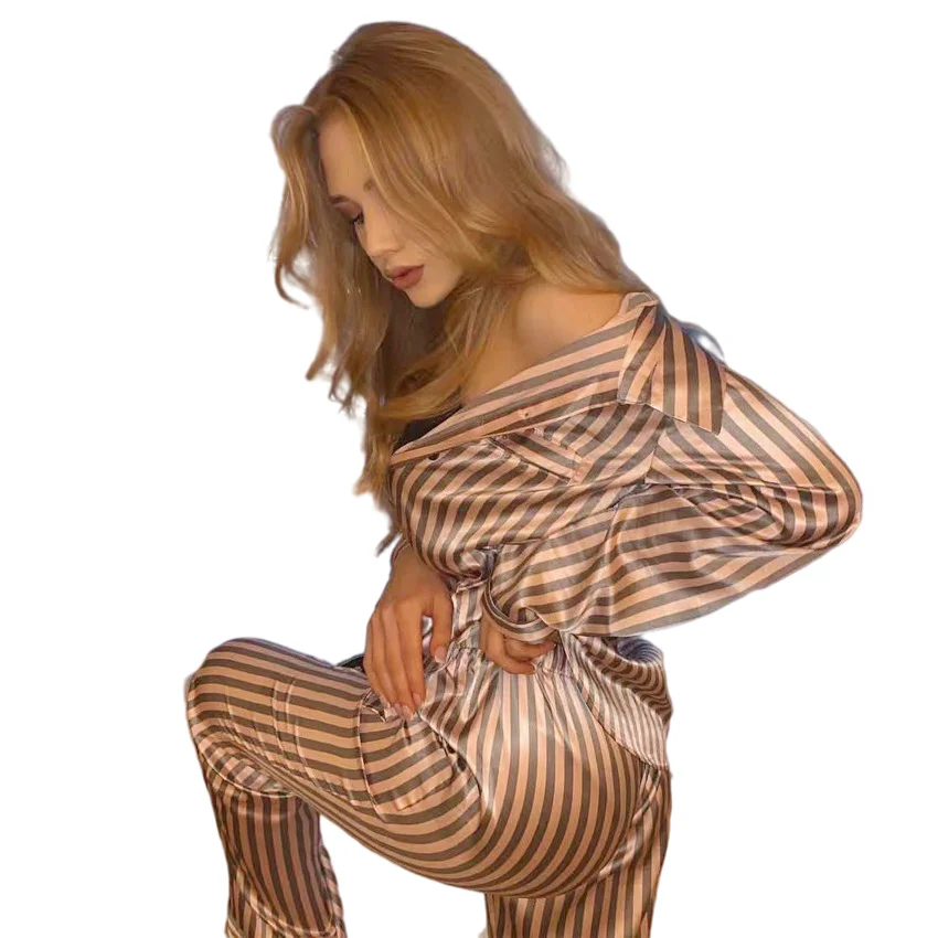 Fall Satin Two Piece Long Sleeve Sexy Pajamas For Women Set Oem Sleepwear Stripe Nightwear Women Pajamas Set