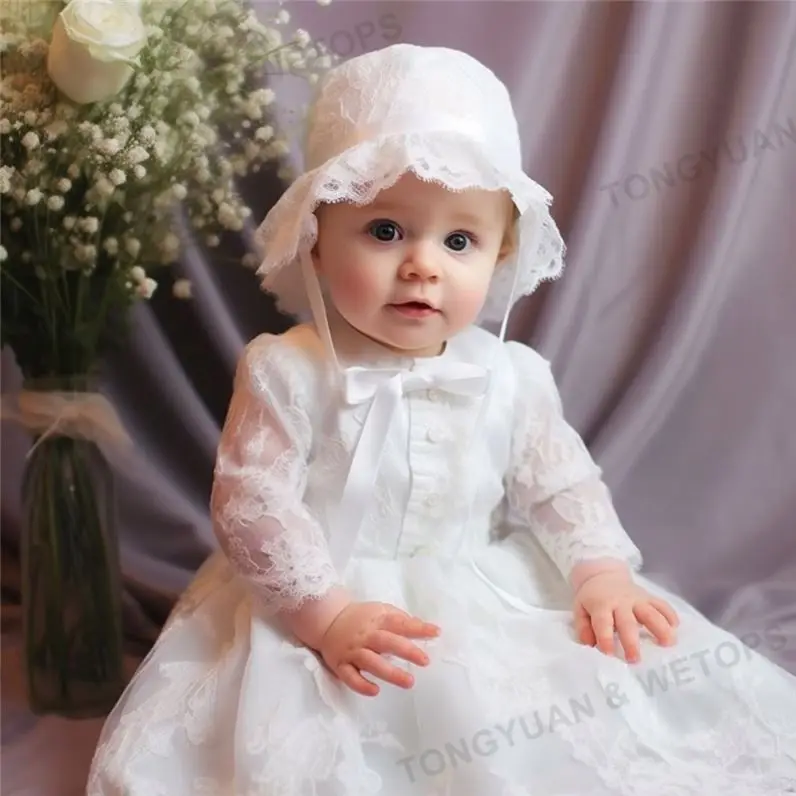 Wholesale Newborn Baby White Baptism Dress Wedding Party Long Sleeve Lace Dresses Toddler Girls Christening Gown With Hat