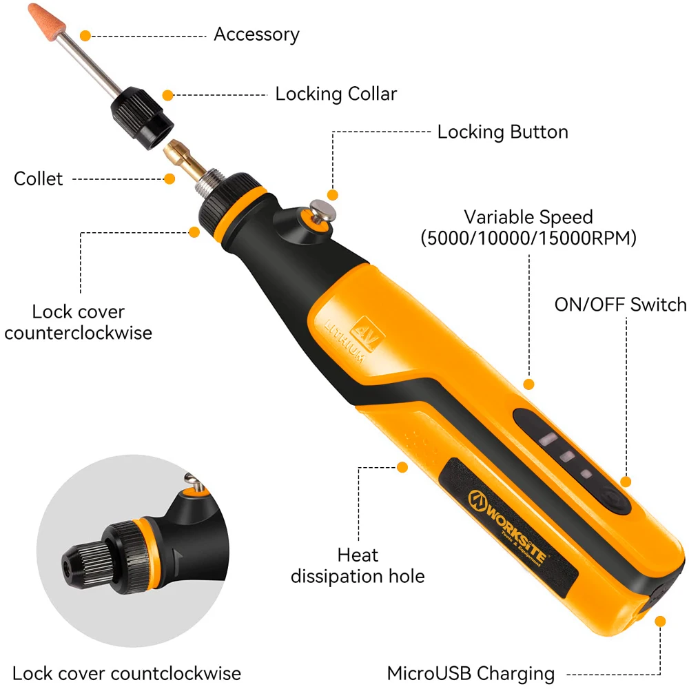 WORKSITE Customized 4V Cordless Rotary tool sets 62Pcs 3-Speed Mini Grinder Carving Nail Pets Trimming Rotary Tools