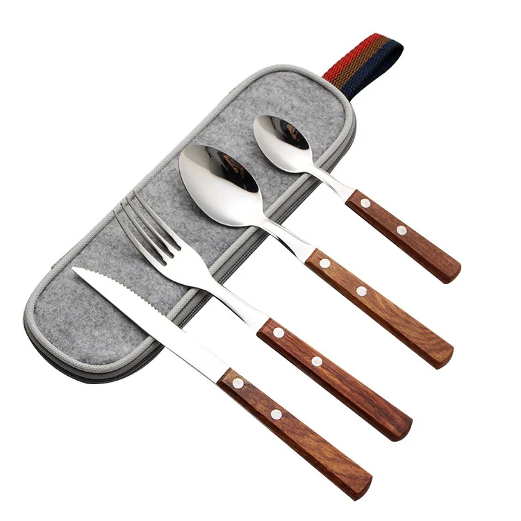 Most Popular Stainless Steel 4 pcs portable bag Knife Fork Spoon Mirror Polished Kitchen Flatware Set Wood Handle Cutlery