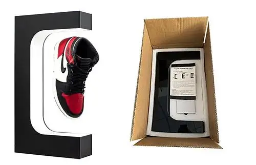 Shoe display floating cabinet metal wood slatewall shelf table levitating lamp LED oval shoe levitation stand