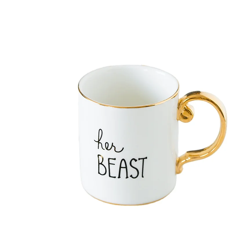 Luxury Gold Handle Ceramic Mugs Wholesale Porcelain Couple Mugs Beauty Beast Mugs Coffee Cups Gold Rimmed