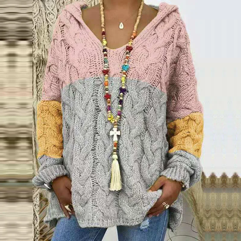 2022 Hot Selling Winter Product Womens Low Neck Hoodies Sweater Jumpers Hooded V Neck Knitting Pullover Sweater for Woman