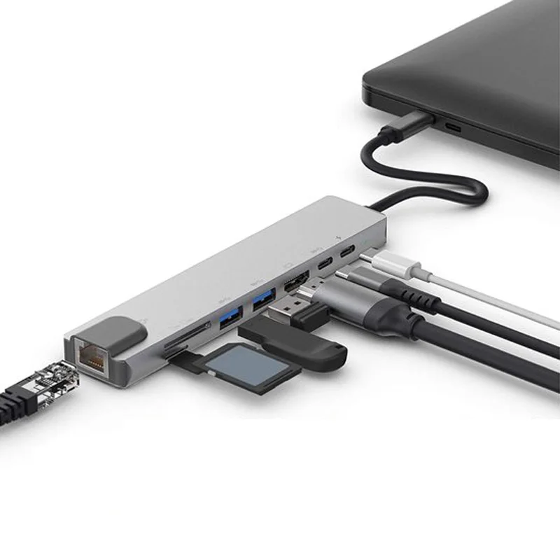 High Speed 8 IN 1 USB C HUB TYPE C to RJ45 network card Multi-function HUB 3.0 with HDTV port TF SD card reader