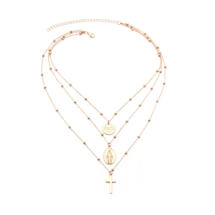 
Winstar 2020 New Women Bohemian Retro Round Cross Pendant Gold Clavicle Chain Personality Multilayer Necklace Set 