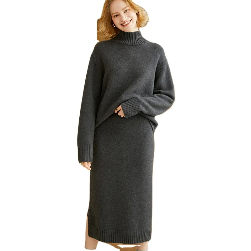 
Autumn and winter new fashion ladies elegant tight-fitting cashmere knitted dress two-piece solid color tight-fitting dress desi 