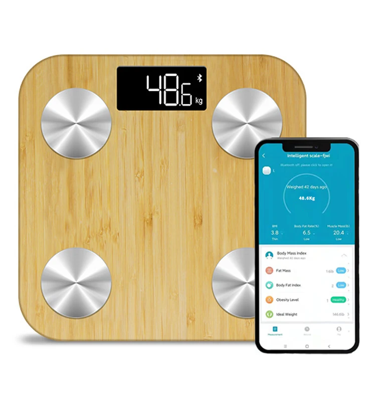 Eco-Friendly Bamboo Platform 180Kg 396Lb White Lcd Display Smart Bt Body BMI Fat Scale with free APP