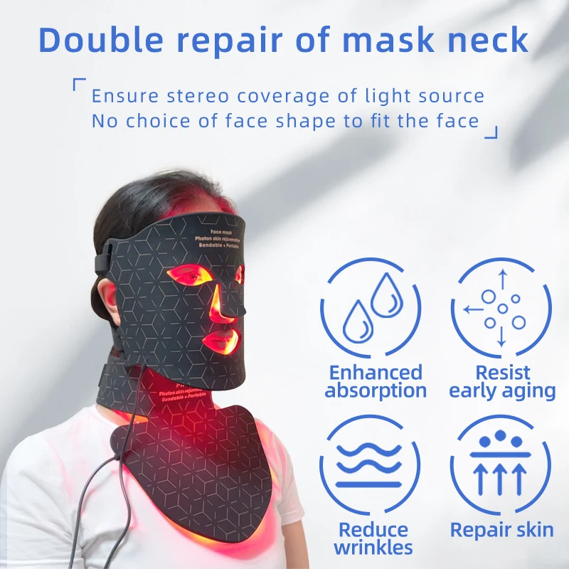Private Label Flexible SIlicone 660NM 850NM 460NM Blue LED Infra Red Light Therapy facemask and neck kit