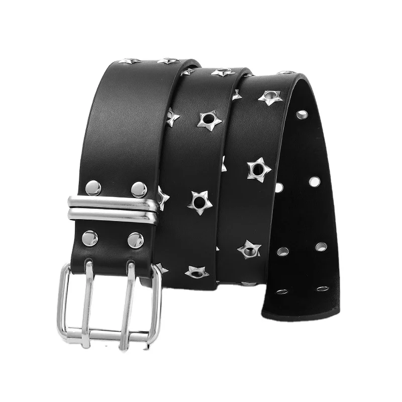 New arrive Popular Punk star Double Eyelet Belt Hollowed out Y2K Style with Explosive Riveted Design PU Material