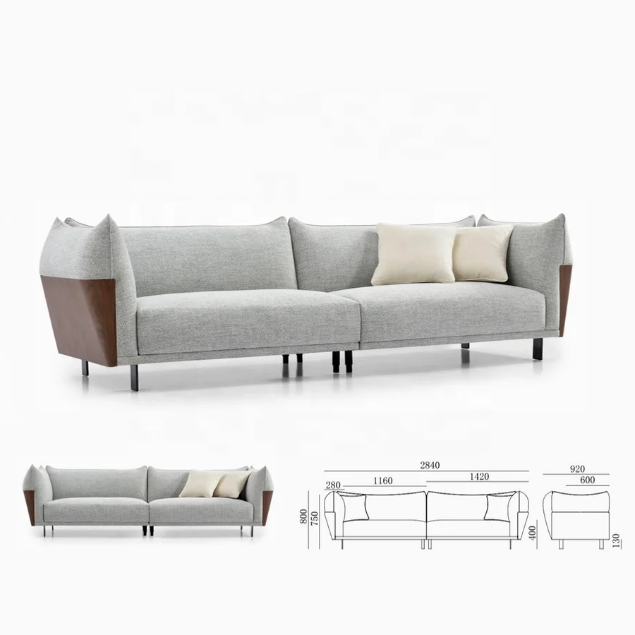 Stylish Design Grey Color Fabric Modern Sectional Villa Sofa with Wooden Armrests