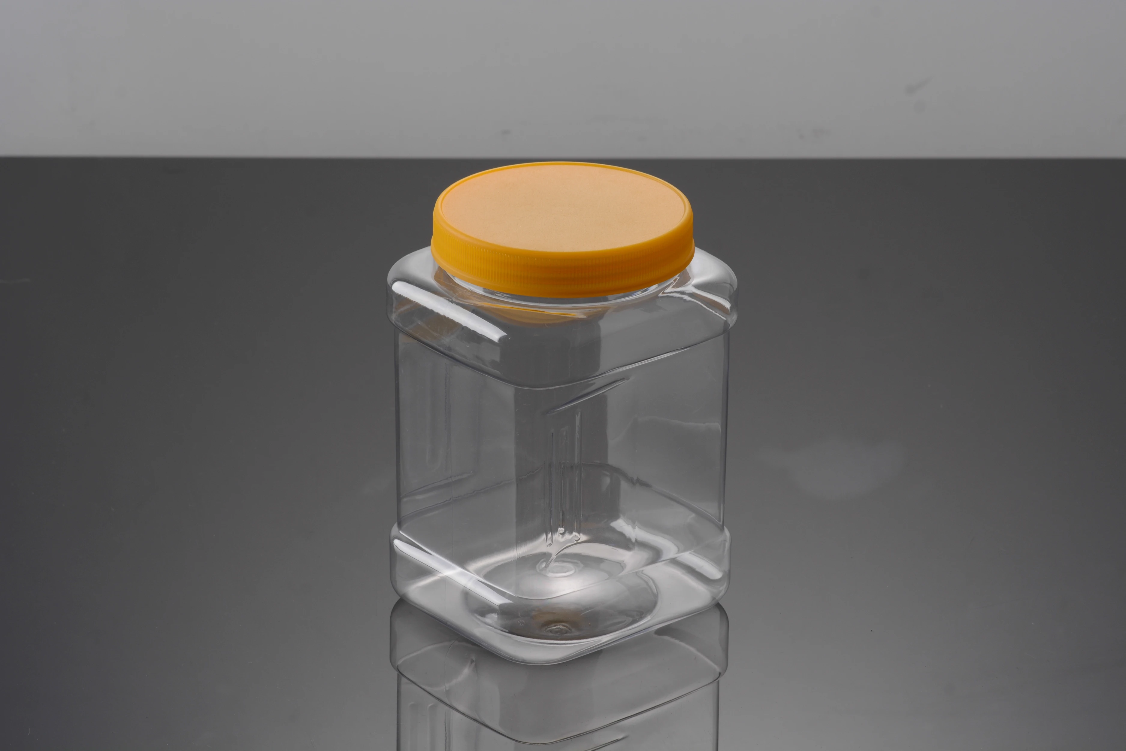 Square PET Plastic Jar Food Grade for Packaging Snacks Candies Chocolates Jellies Nuts Cashews Almonds Pecans Screw Cap Sealing