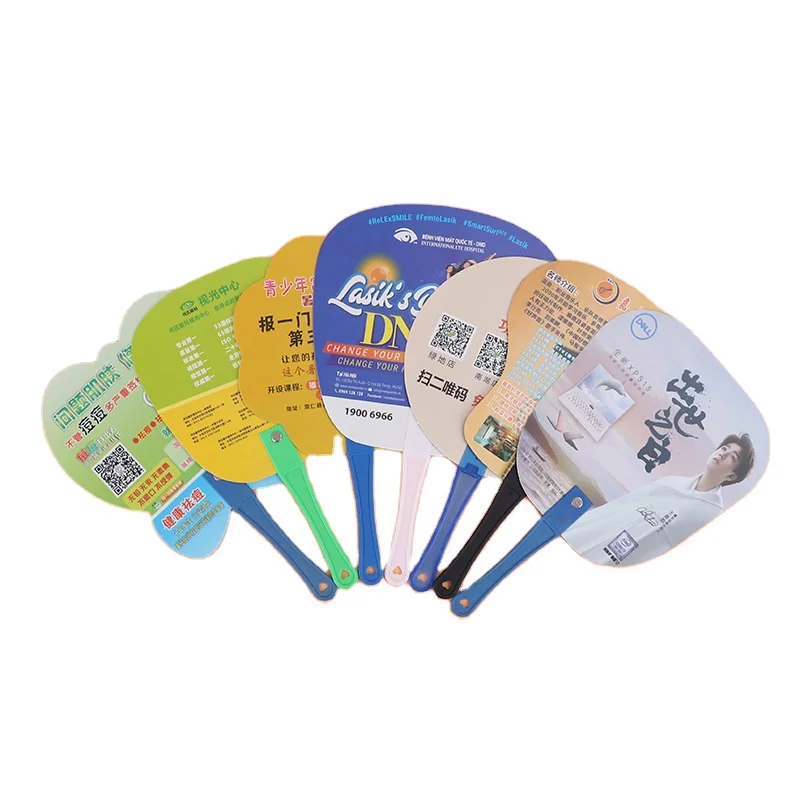 Wholesale custom printed folding fancy advertising plastic pp hand fan with plastic handle