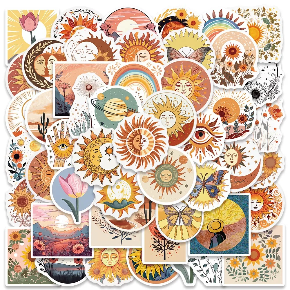 50pcs Retro Art Boho Moon Sun Flower Stickers Aesthetic Cartoon Waterproof Decal Diy Computer Scrapbooking Water Bottle Sticker