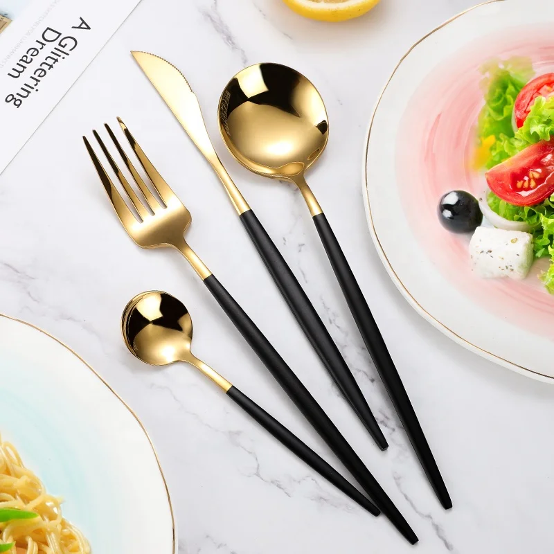New Thin Light Dinnerware Design Gold Plated Stainless Steel Silver Cutlery Spoon Fork Sets for Home