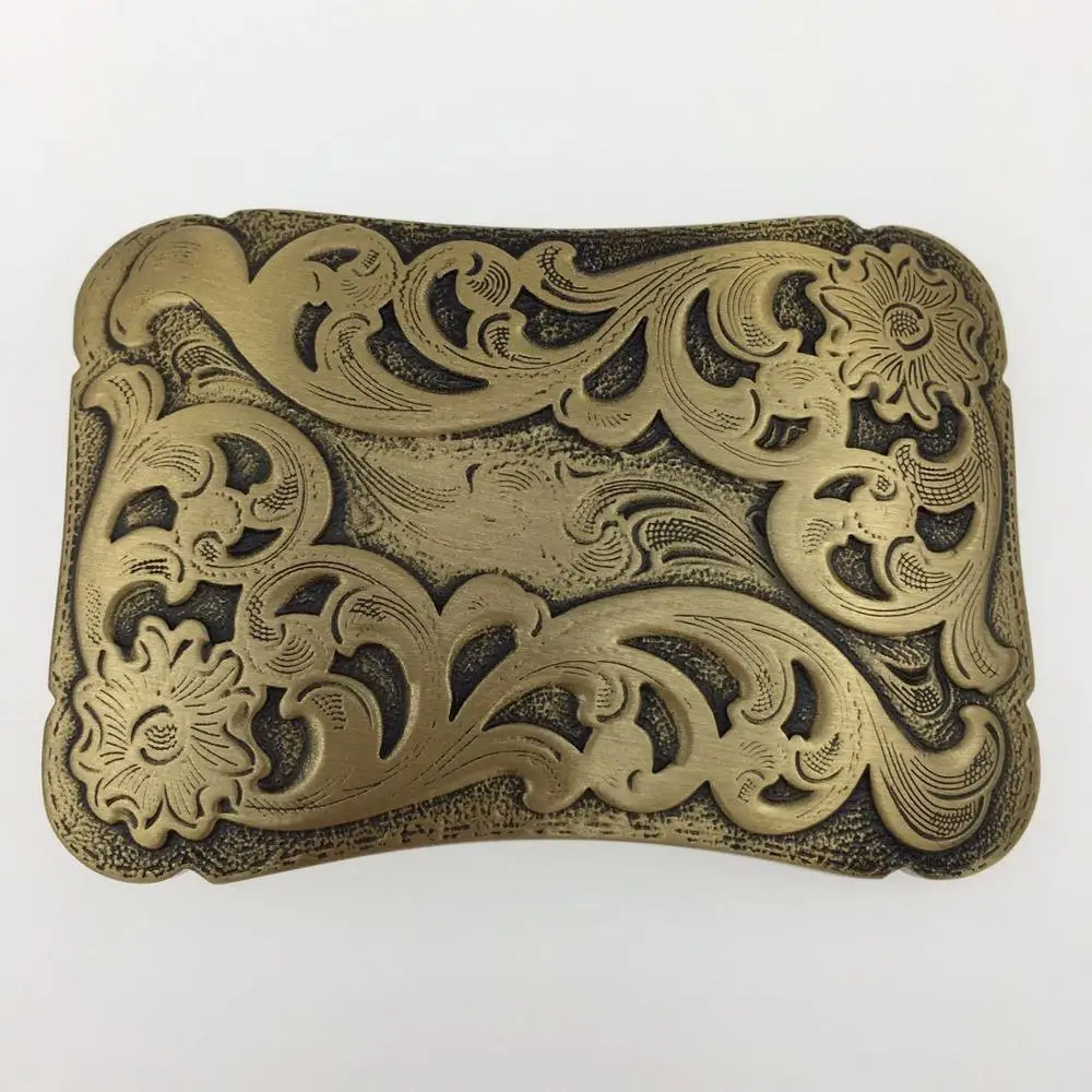 Factory inner width 40mm solid brass customize 3D engrave flower design western name plate belt buckle