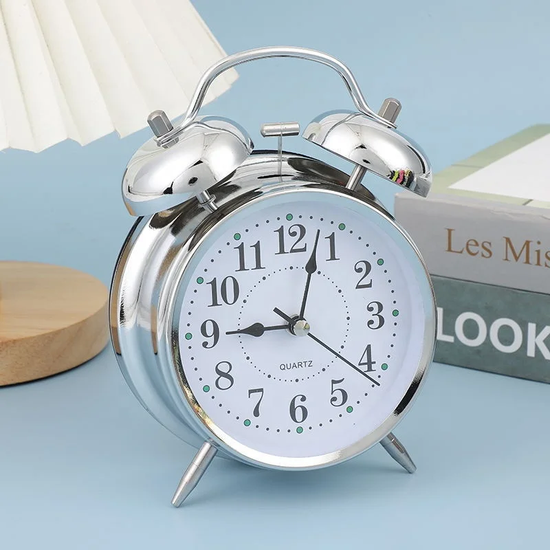 Twin Bell Desk Clock Table Watch Warm Color Night Light Bell Alarm Clocks Desktop Bedside Office Lunch Break Bedroom Decor