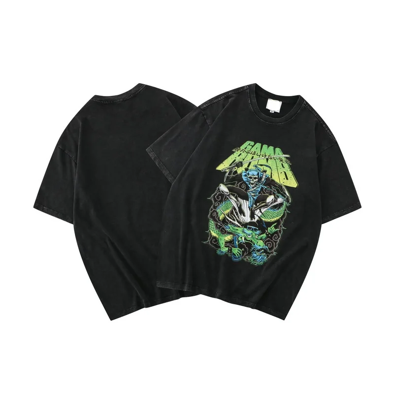 OEM Spring summer oversized high street hiphop skull washed 280g double yarn cotton custom T-shirt for men