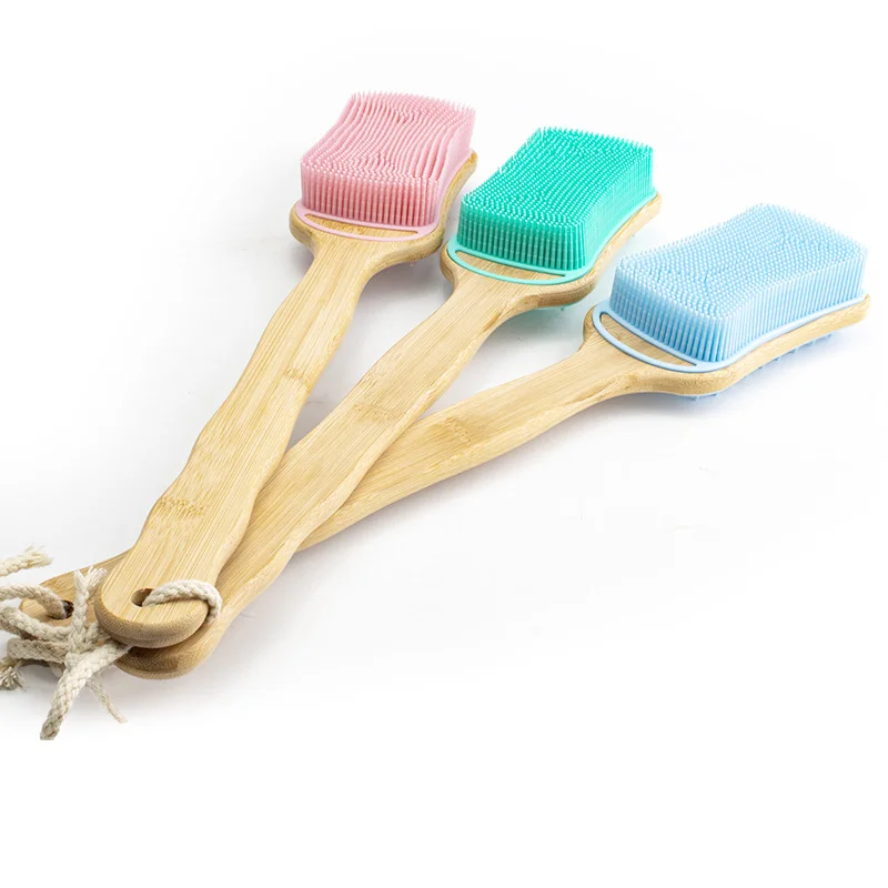 New bamboo handle bath brush rub back artifacts Double side scrub brush with rope food grade silicone long handle bath brush