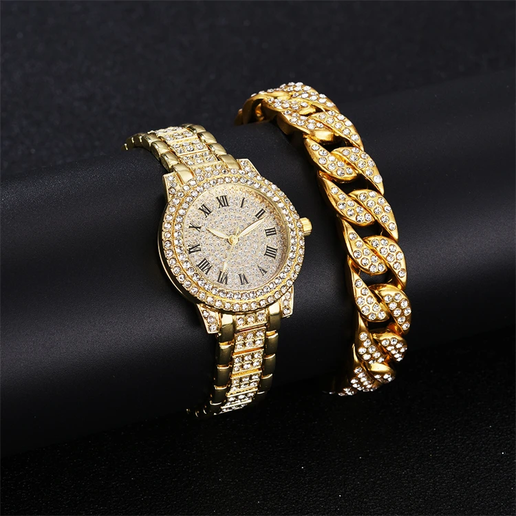 2023 New Full Diamond Roman Literal Steel Band Watch Temperament Business Quartz Watch Hip Hop Style Full Diamond Bracelet Set