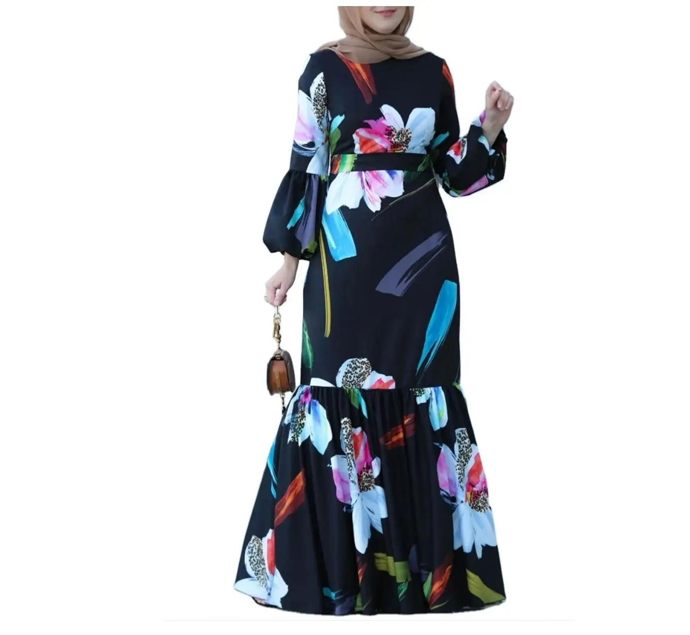Middle East Malaysia Indonesia Southeast Asia Print Big Flower Long Muslim Dress