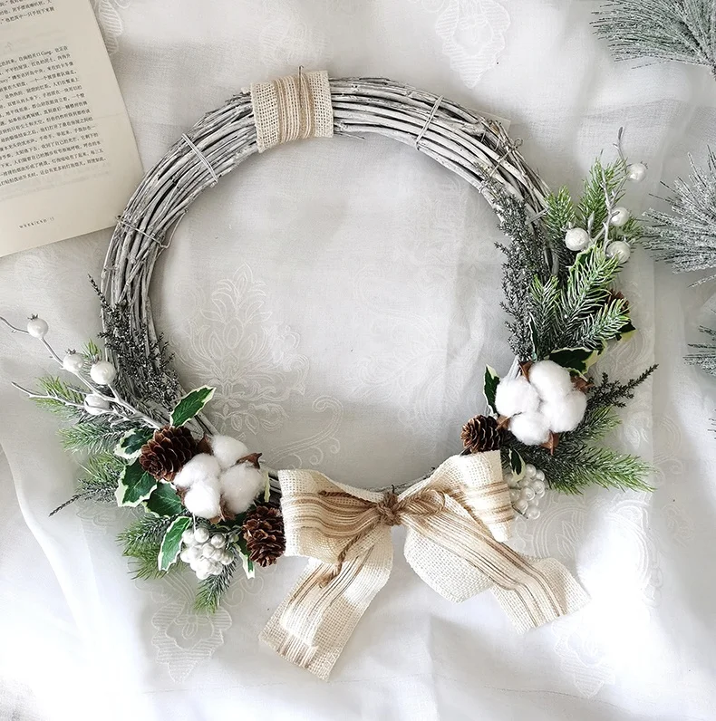 Christmas decoration ornaments supplies 43CM white bow artificial cotton flower wreath door decoration
