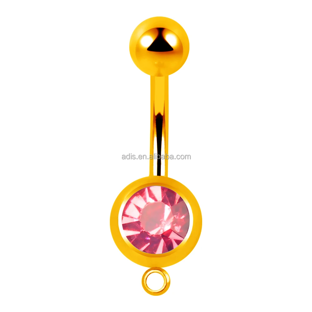 Custom Surgical Steel Dangle Pink Gem Curved Banana Barbell Fine style Belly Button Ring With Loop