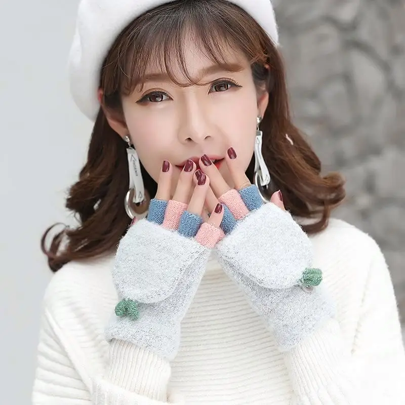 
Knitted Wool Gloves Female Winter Korean Edition Cute Cartoon Student Thicken Warm Half Finger Turn-over Exposed Finger 