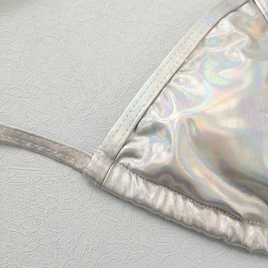 Bikinis custom two piece girl thong shiny swimwear 2024 bathing suits silver halter sexy bikini set