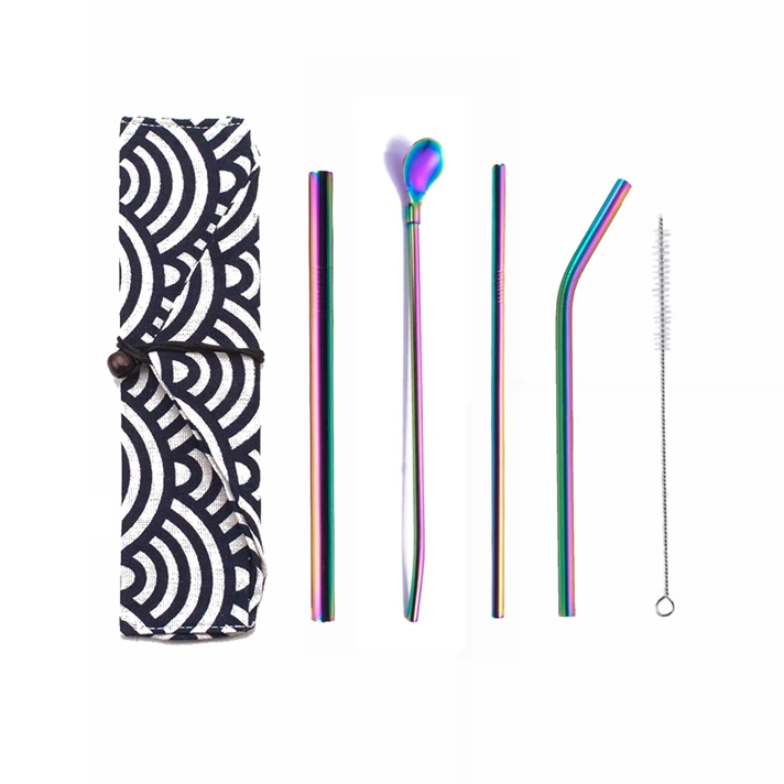 Stainless Steel Reusable Drinking Straw set with Cleaner Brush with drawstring pouch with straw spoon