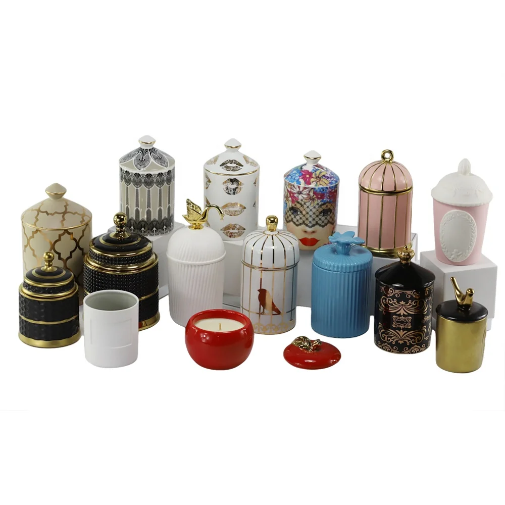 Geo cut  ceramic candle jar wholesale porcelain candle jars holders containers with lids in bulk