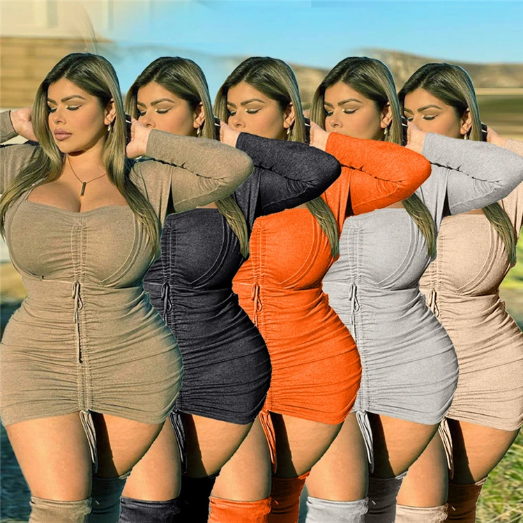 J9164-new поступление 2021 повседневное однотонное платье на шнуровке 4xl Большие размеры платья женская