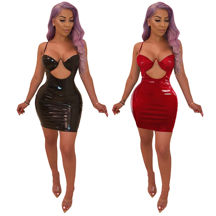 Womens Sexy PU Leather Hollow Out Spaghetti Strap Bodycon Mini Dress Clubwear