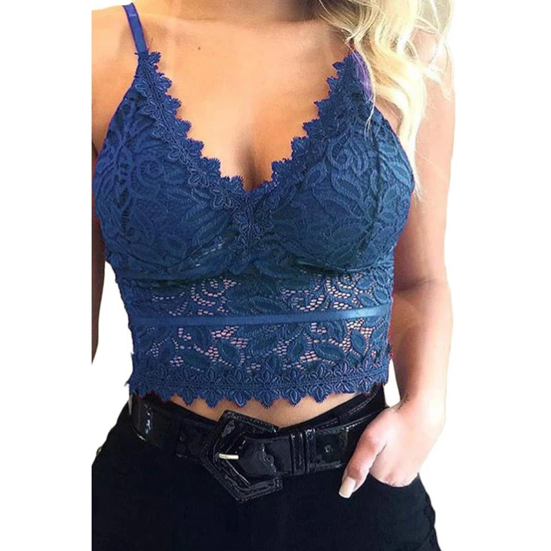
Women Fashionable Wholesale Wave Edge Decoration Deep V Neck Lace Bralette Crop Top 