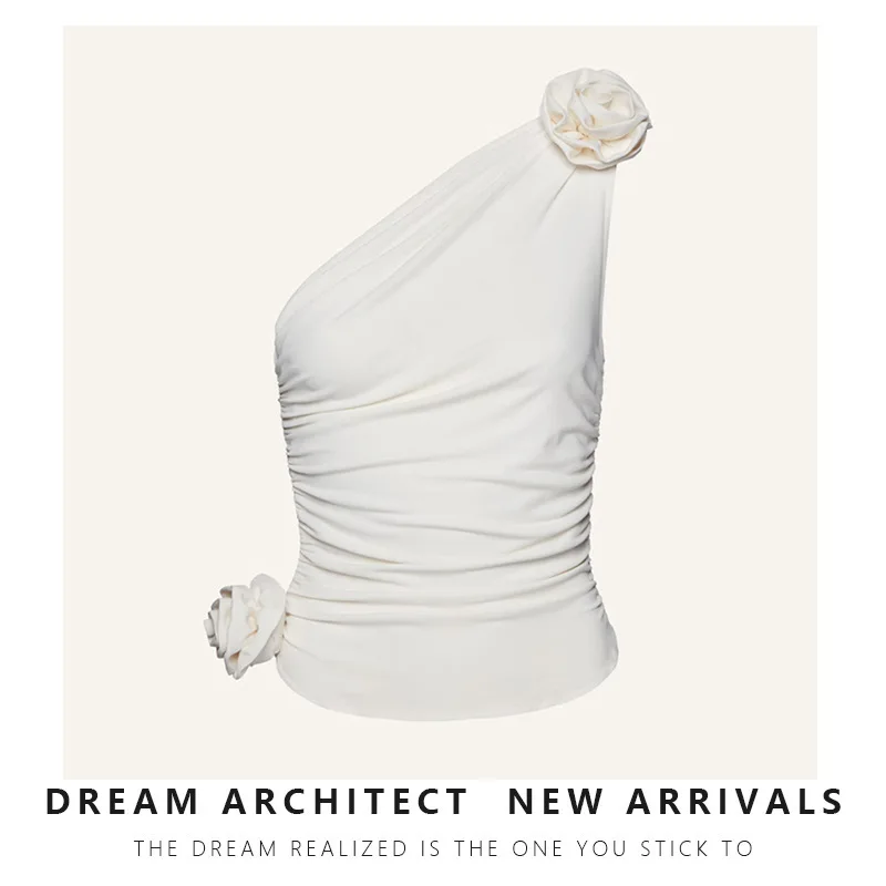 Modern Three-Dimensional Rose Flowers Knitted Vest Proud Visual Beauty with Slim Top and Slanted Shoulders Summer Cotton Vest