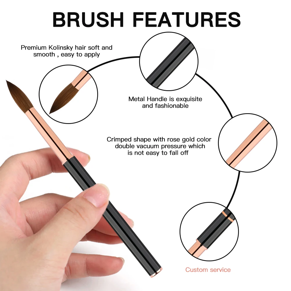High-end black metal handle 100% Pure Kolinsky Brush 1pcs Kolinsky Sable Brush Acrylic Nail Art Brushes with Size #8/12/14/16/18