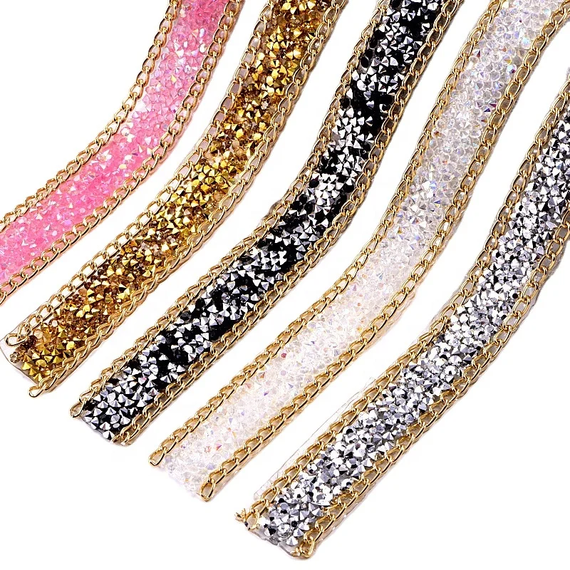 Fancy hot sell 2cm rhinestone iron on resin hot fix metal tape trimming for clothes shoes bag Rhinestones iron on Ribbon