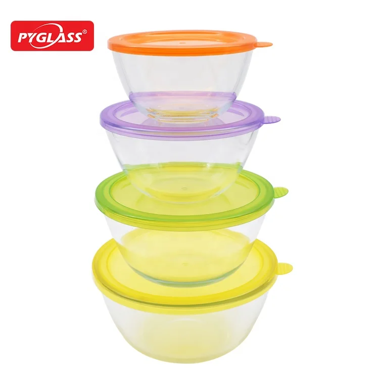 4 piece high borosilicate Kitchen & Tabletop dinnerware glass salad bowl set with PP lid