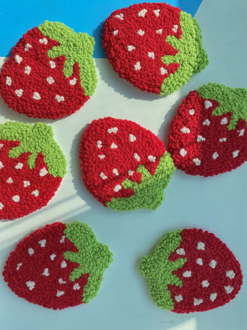 Cute Fruit Shaped Cherry Peach Strawberry Handmade Needlework Coasters for Home Decor
