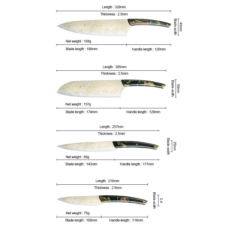 2024 New Arrivals Exquisite 4 Pieces Gilt Damascus Resin Handle  Santoku Paring Chef Knives Set With Wooden Storage Box