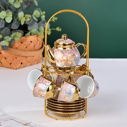Modern luxury tea set Custom Chinese  ceramic Tea cup  Pot Gold plated Full coffee tea set
