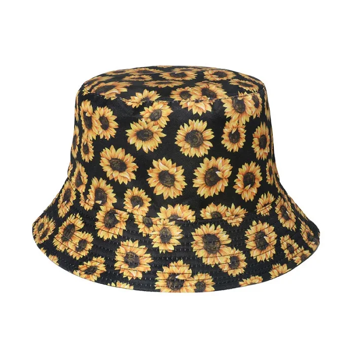 Black Summer Sunflower Print Reversible Fisherman Bucket Hats