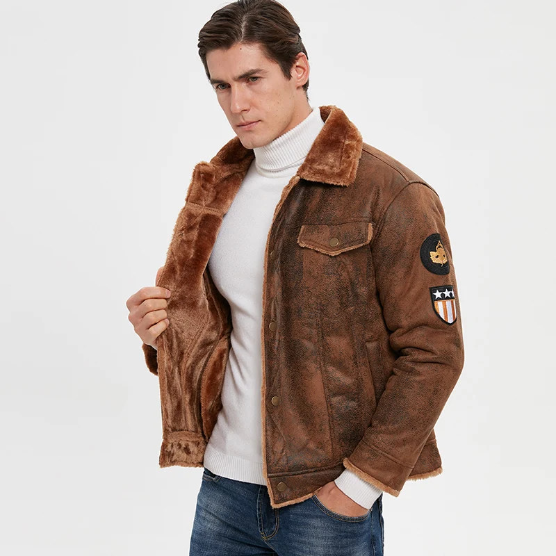 
2020 Winter Fashion Pilot Thick Faux Wool Motorcycle Jacket Suede Air Force Leather Flight Bomber Jacket 