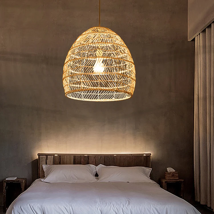 Popular Wholesale Natural Bamboo Material Handcraft Lampshade Led Lights Restaurant Handmade Rattan Ceiling Light Pendant Lamp