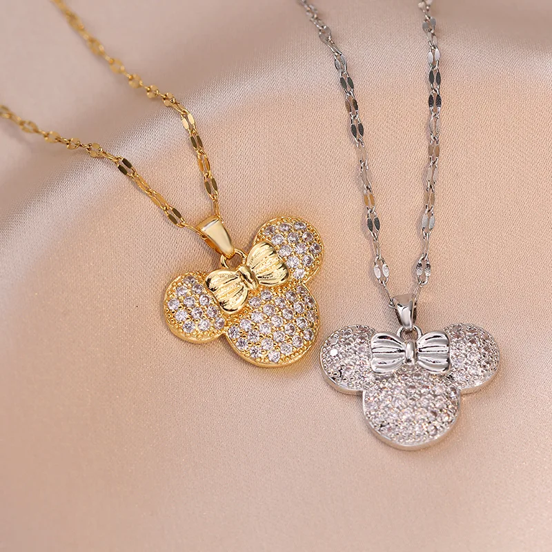 Cute Waterproof Silver 18K Gold Plated Diamond Zircon Stainless Steel Mouse Ear Mickey Pendant Necklace Jewelry For Women