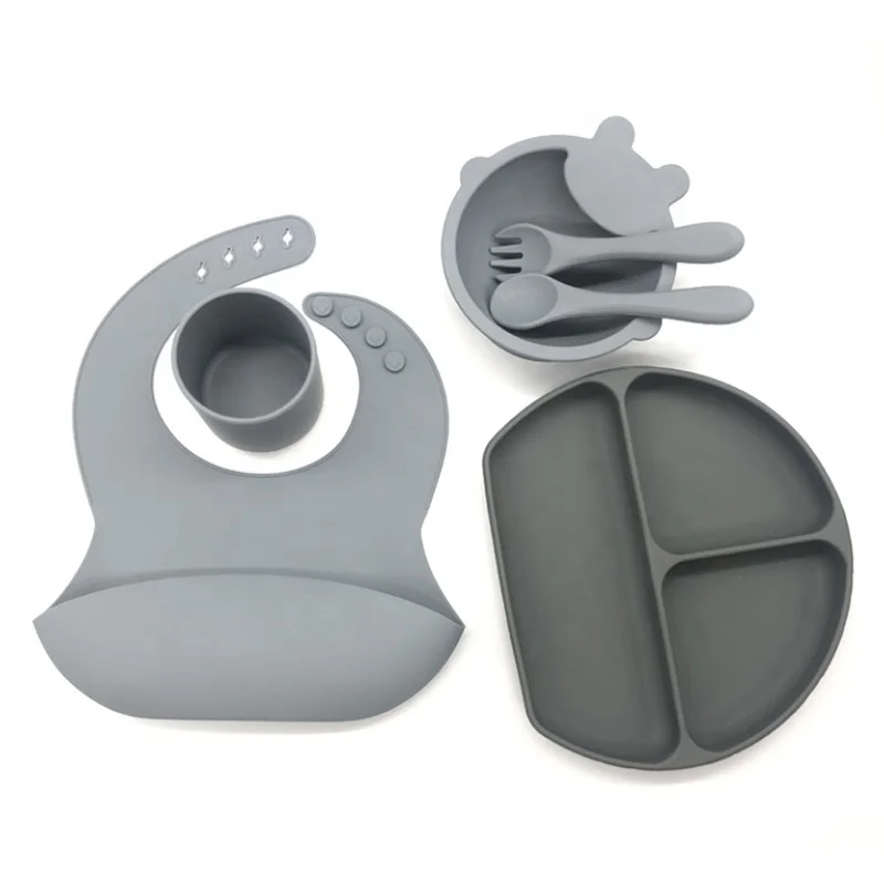 Baby Gift Set Silicone Baby Feeding Tableware Set Ribbed Silicone Baby Feeding Set Basket