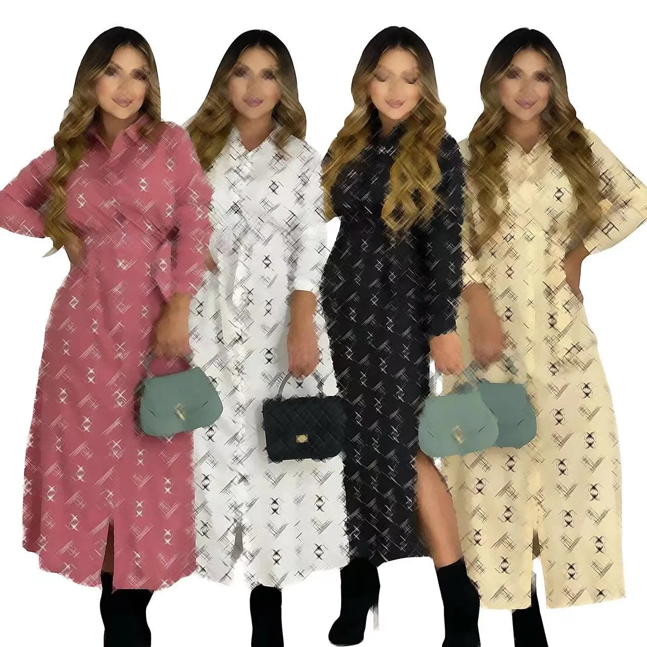 Women Elegant Designer Print Long Sleeve Maxi Shirts Dress Luxury Button Down Lady Casual Fall Dress