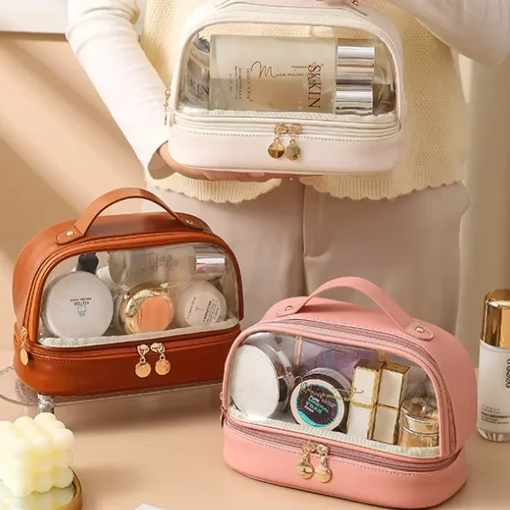 2024 new waterpoof pvc makeup bag portable travel cosmetic bag with handle large double layer toiletry bag for women