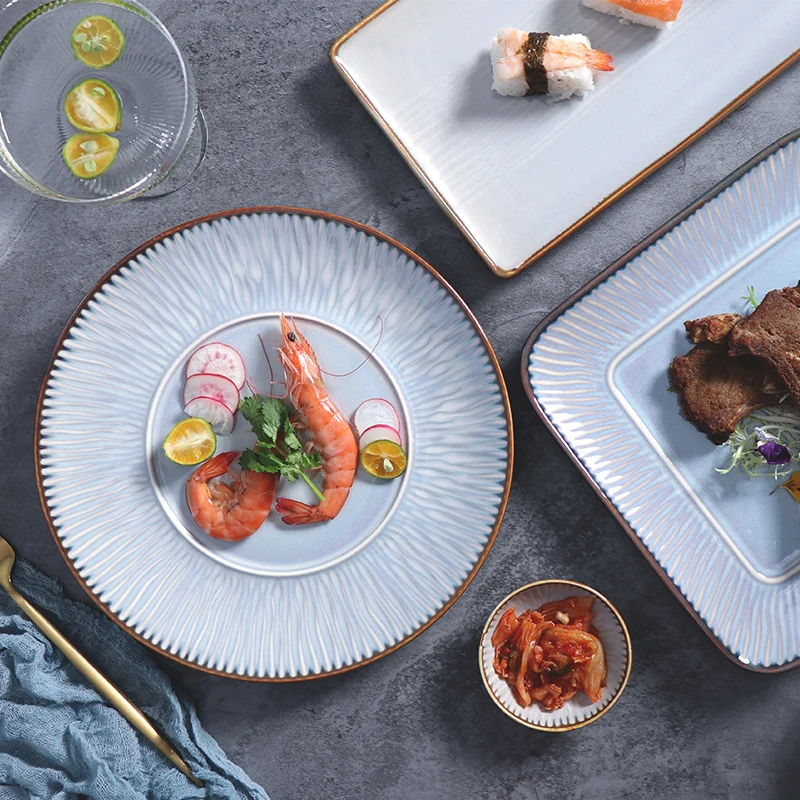 Porcelain Round Plate Blue Luxury Dinnerware Chaozhou Ceramic Factory 12 Inch Main Plate For Restaurant Hotel