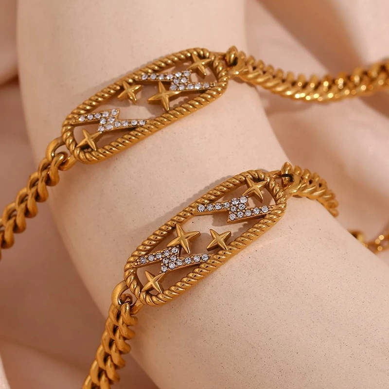 18K Gold Plated Twisted Zircon Lightning Choker Necklace Unisex Star Pendant with Link Chain Silver Cuban Chain Necklace